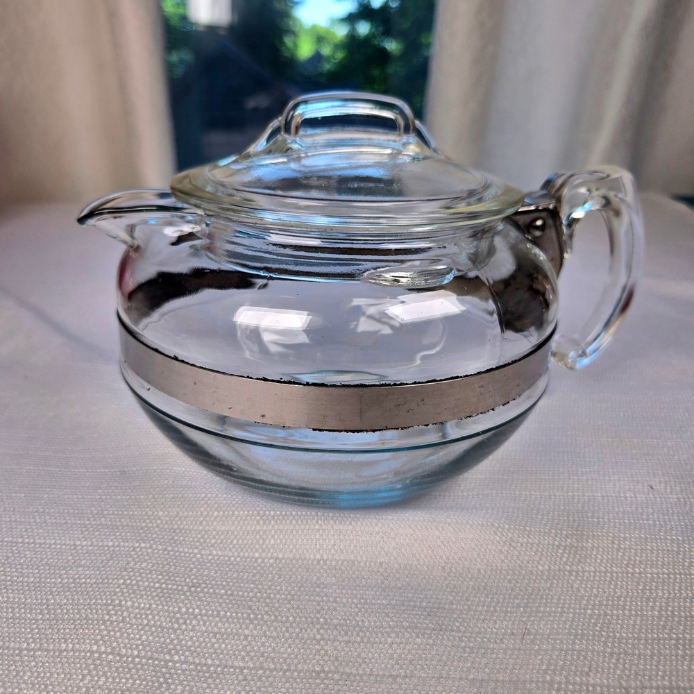Vintage Pyrex 8126-B Clear Glass Teapot Server Stainless Band USA MCM